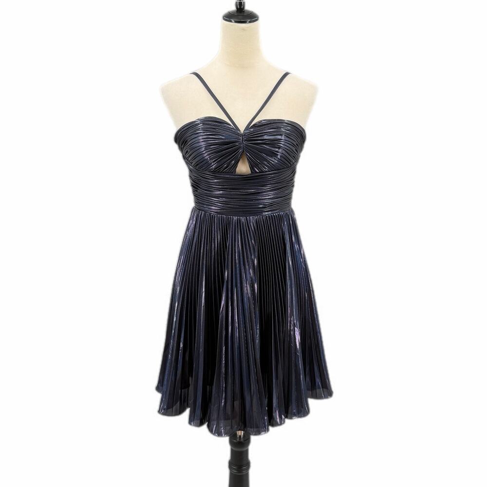 Stacees NEW Dark Navy Shimmer Pleated Sleeveless Keyhole A-Line Cocktail Dress